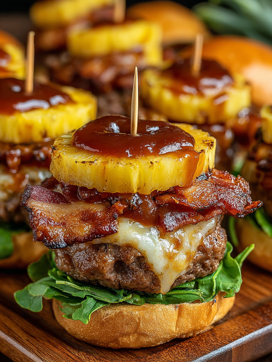 A hamburger with bacon and pineapple on top.