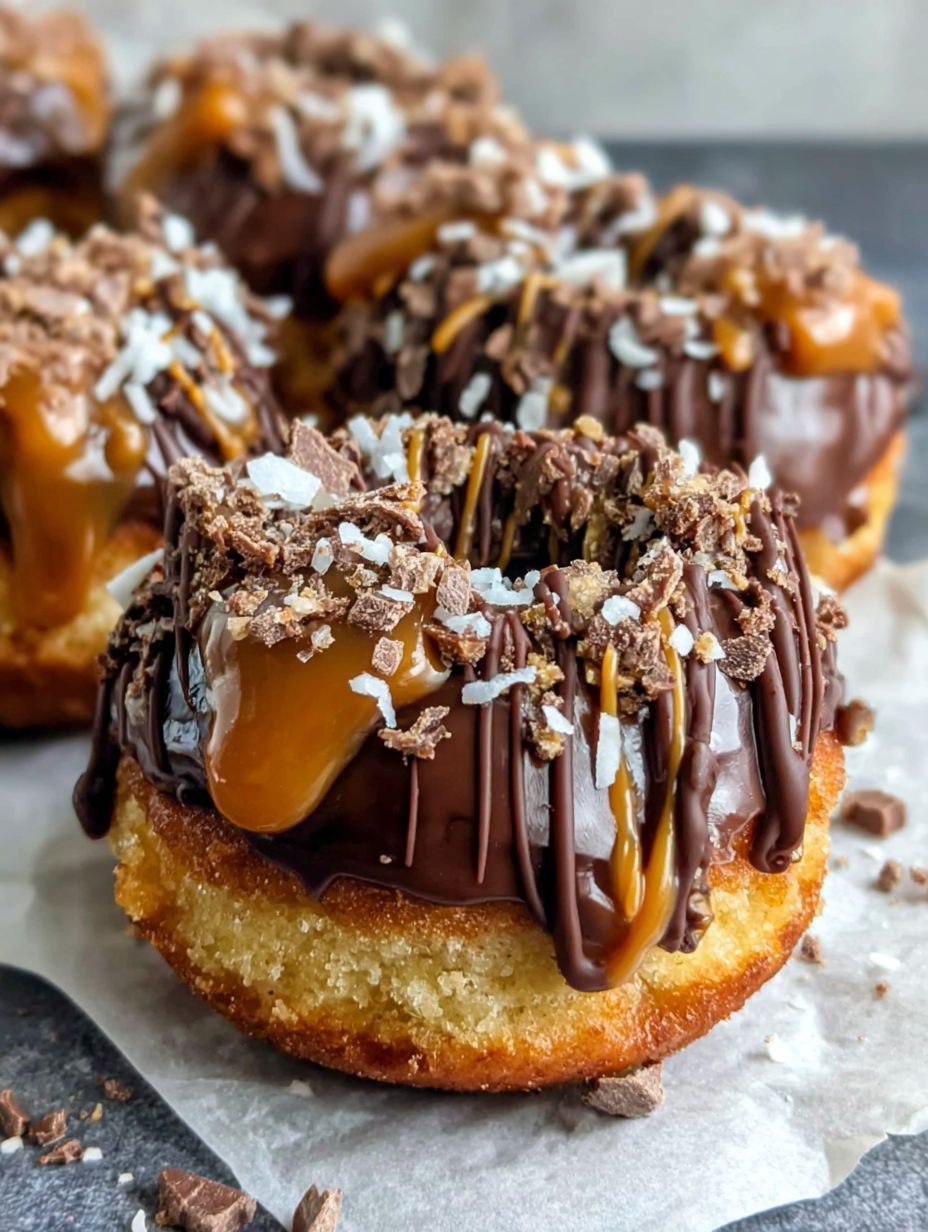 A chocolate caramel donut with white topping.