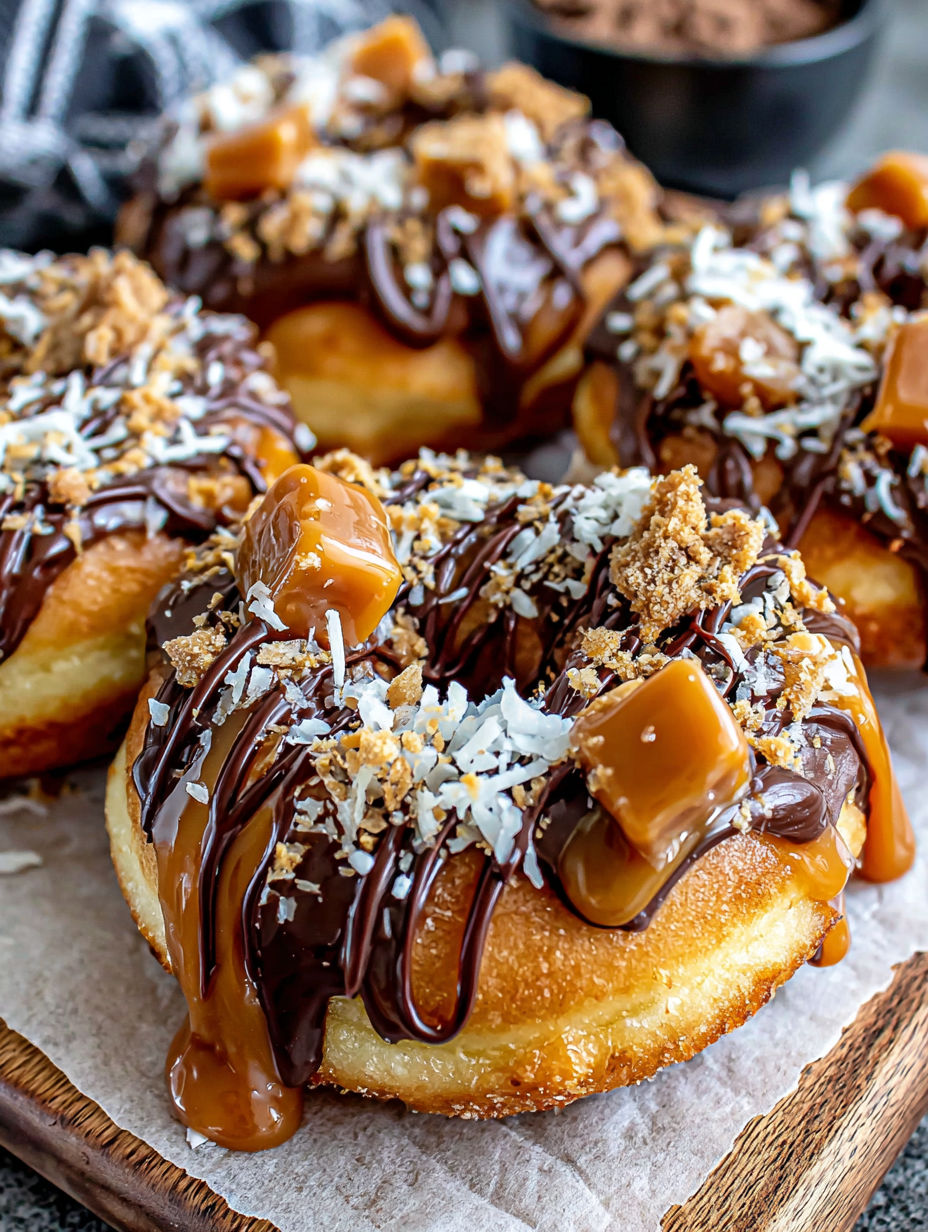 A close up of a chocolate caramel donut.