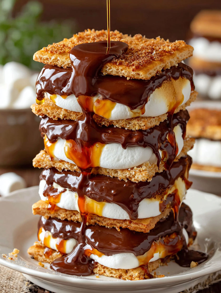 A stack of marshmallows with chocolate drizzled on top.