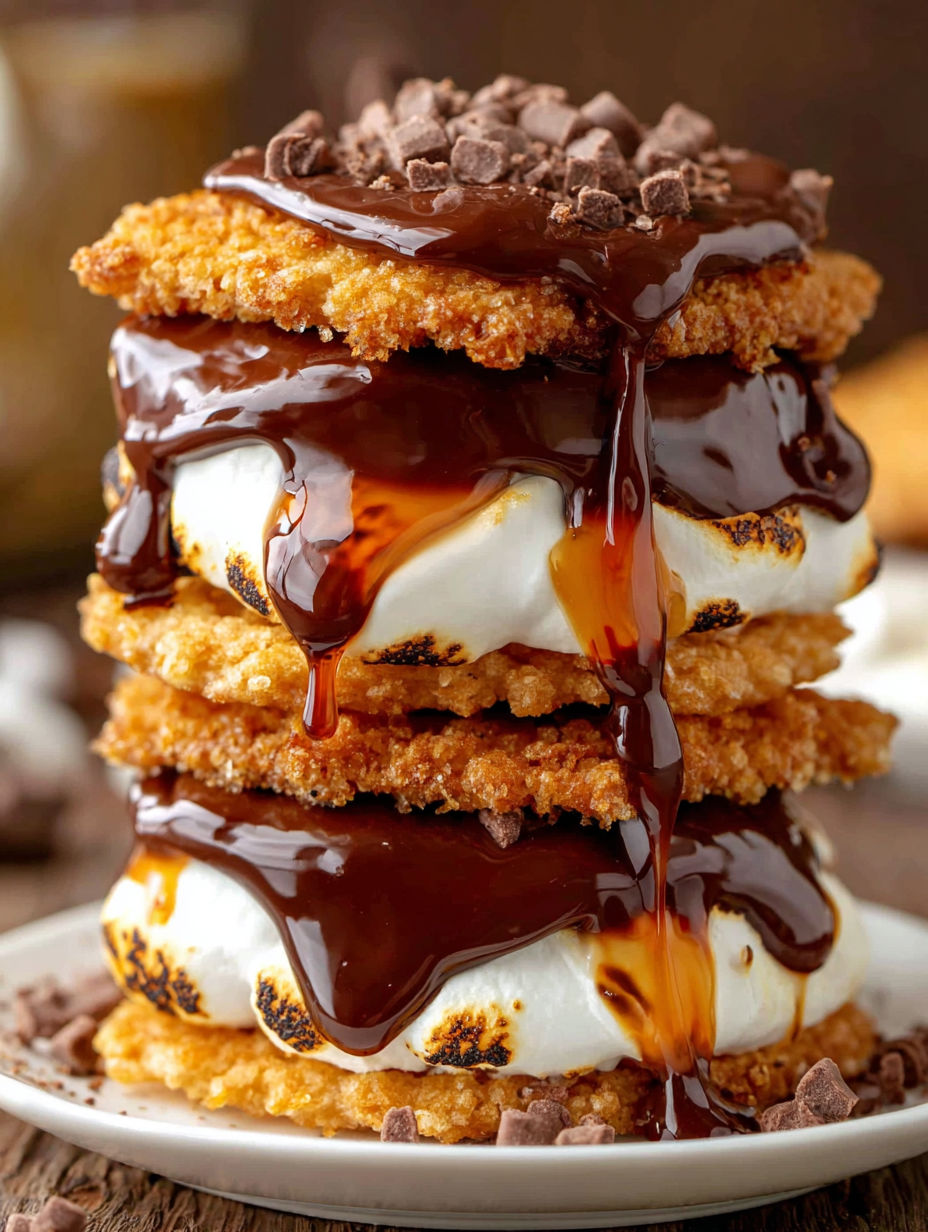 A stack of marshmallows with chocolate drizzled on top.