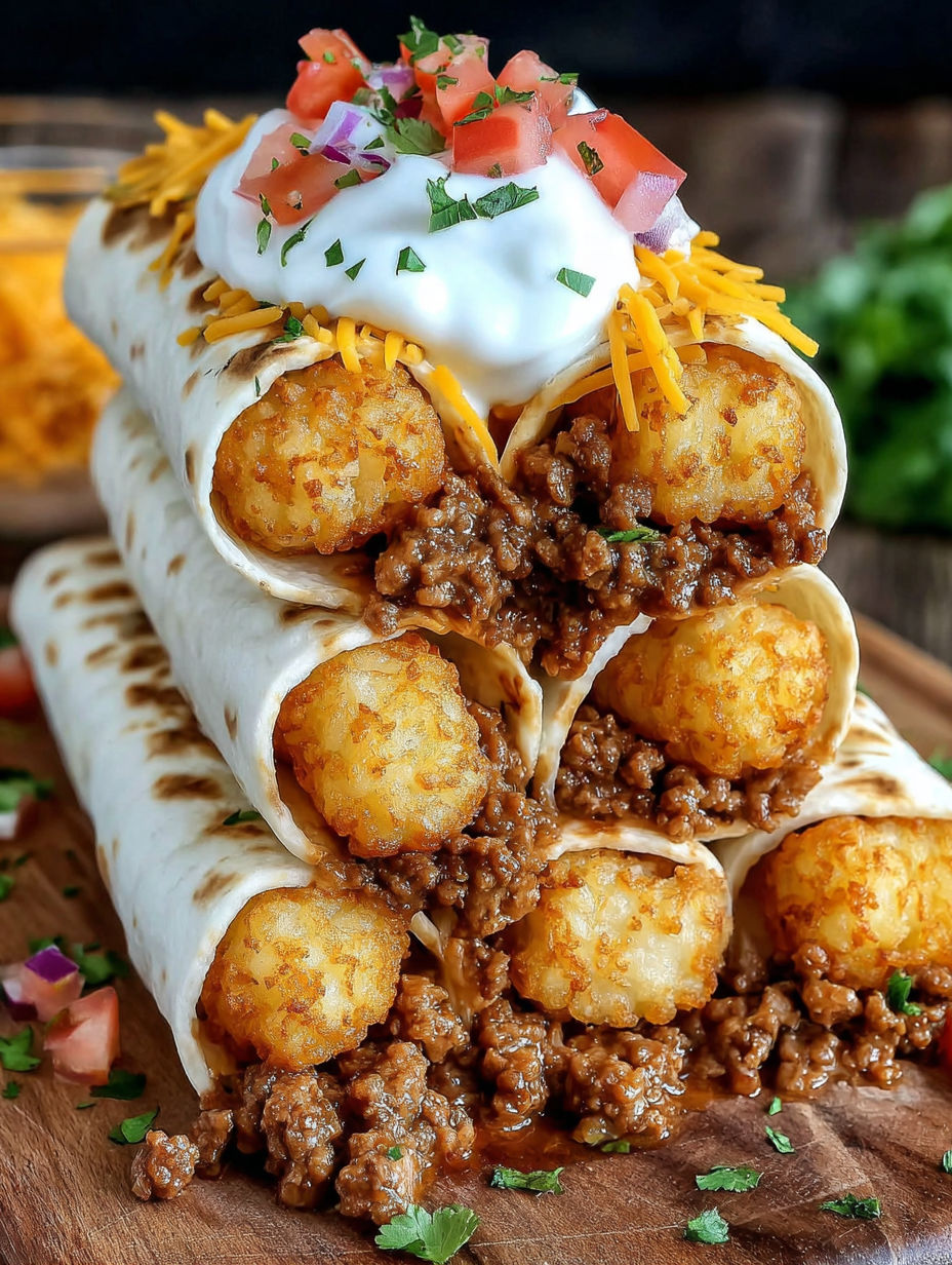 A burrito with cheese and sour cream on top.