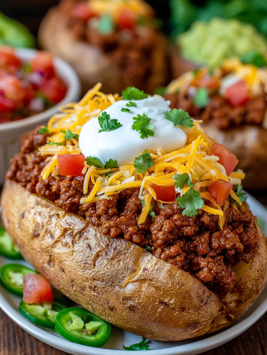 A close up of a potato with cheese and sour cream on top.