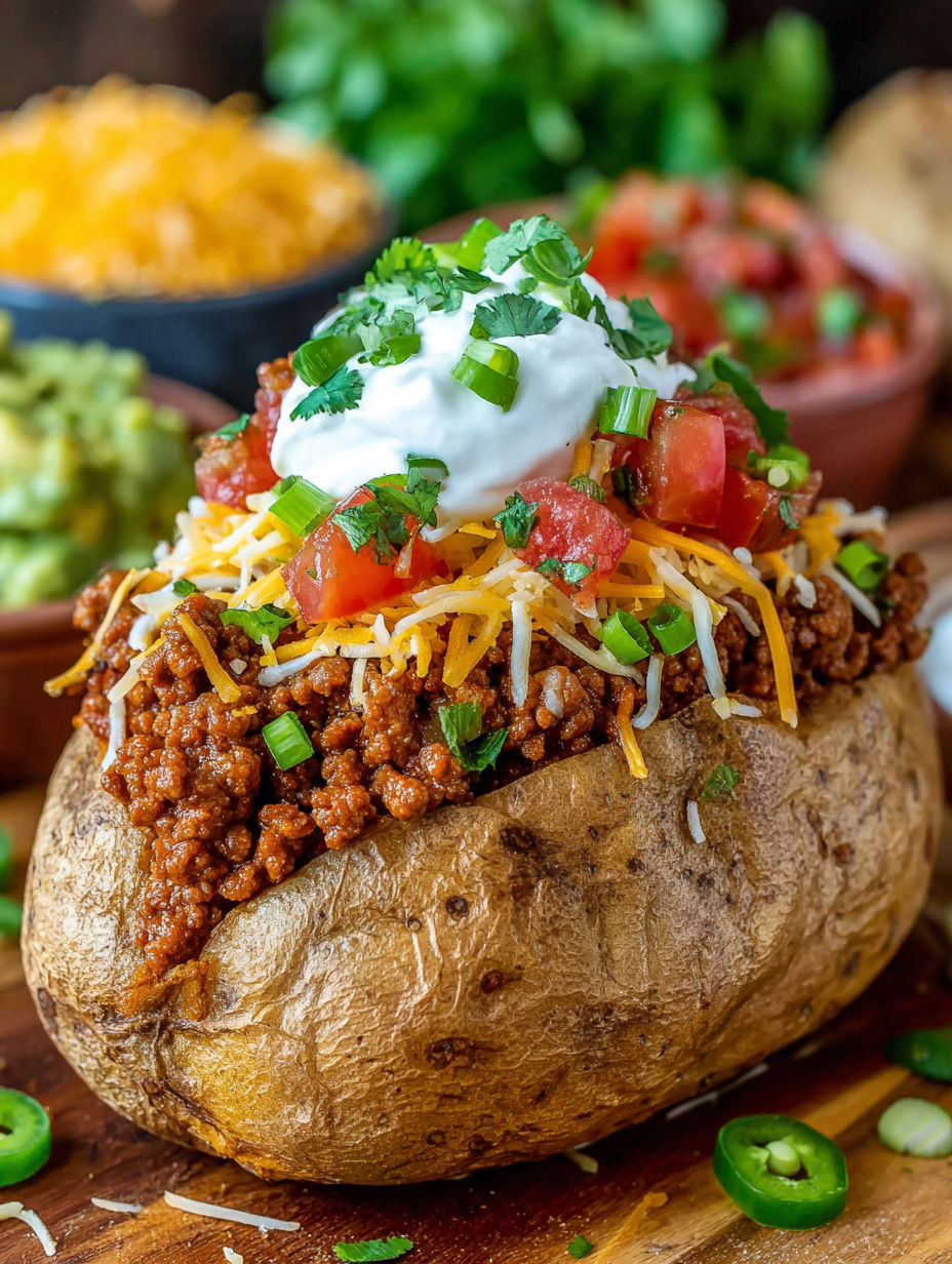 A potato with chili and cheese on top.
