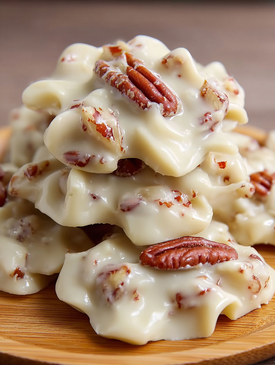A stack of pecan pralines on a wooden table.