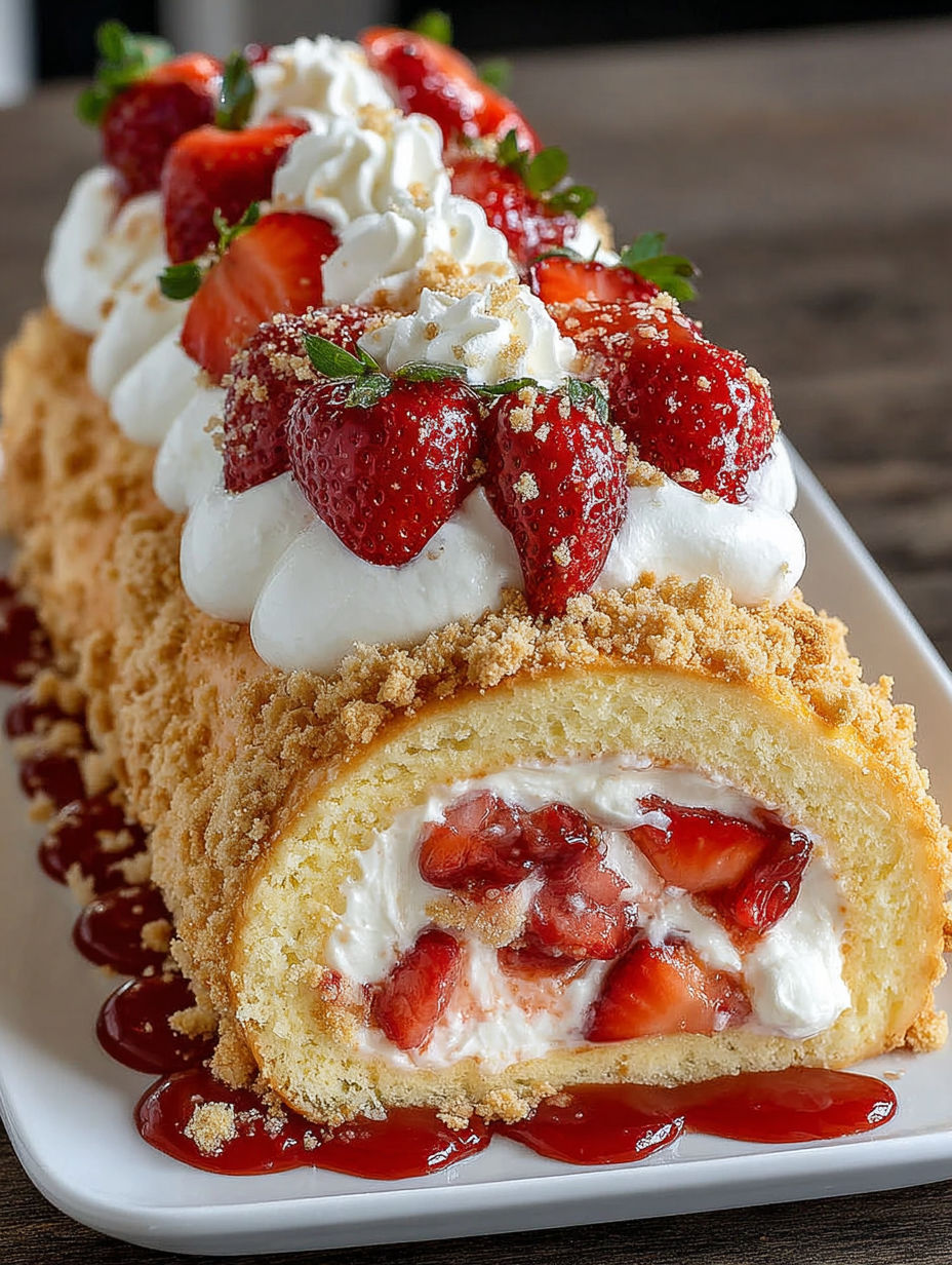 A cheesecake roll with strawberries on top.