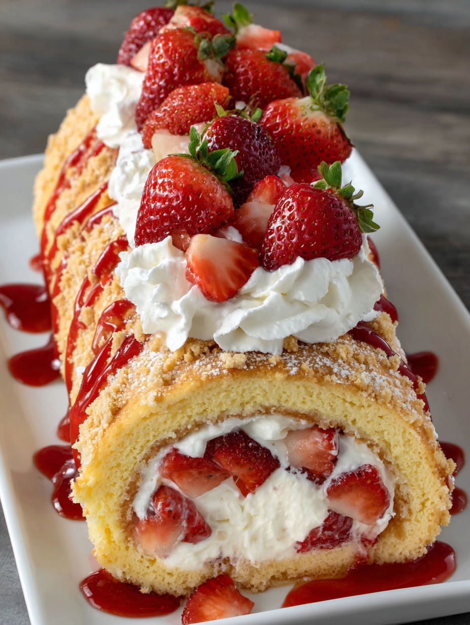 A dessert roll with strawberries and whipped cream.