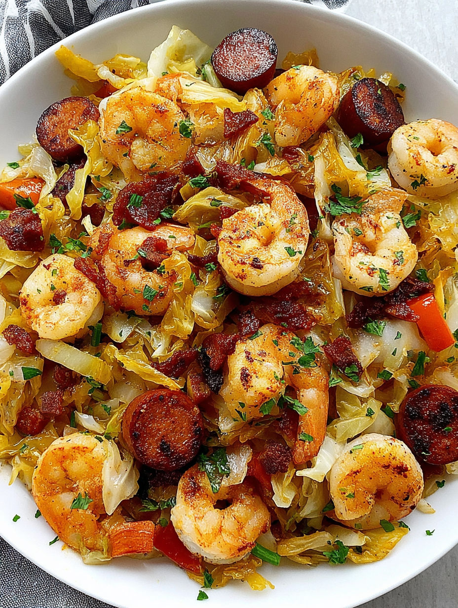 A bowl of shrimp, sausage, and cabbage.