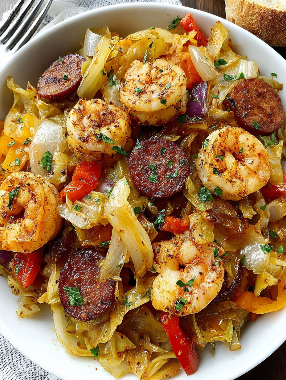 A bowl of shrimp, sausage, and cabbage.