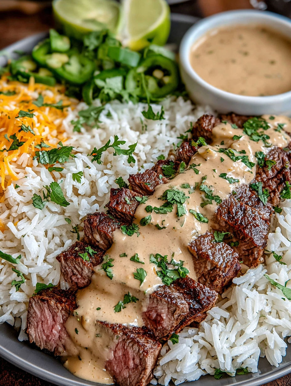 A plate of food with rice, meat, and sauce.