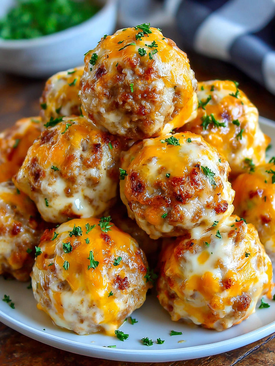 A stack of meatballs with cheese on top.