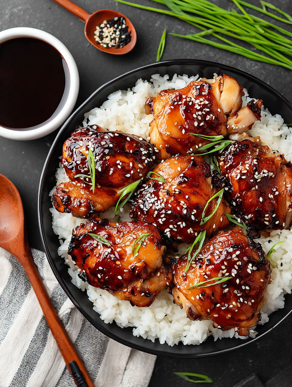 A plate of chicken with rice and sauce.
