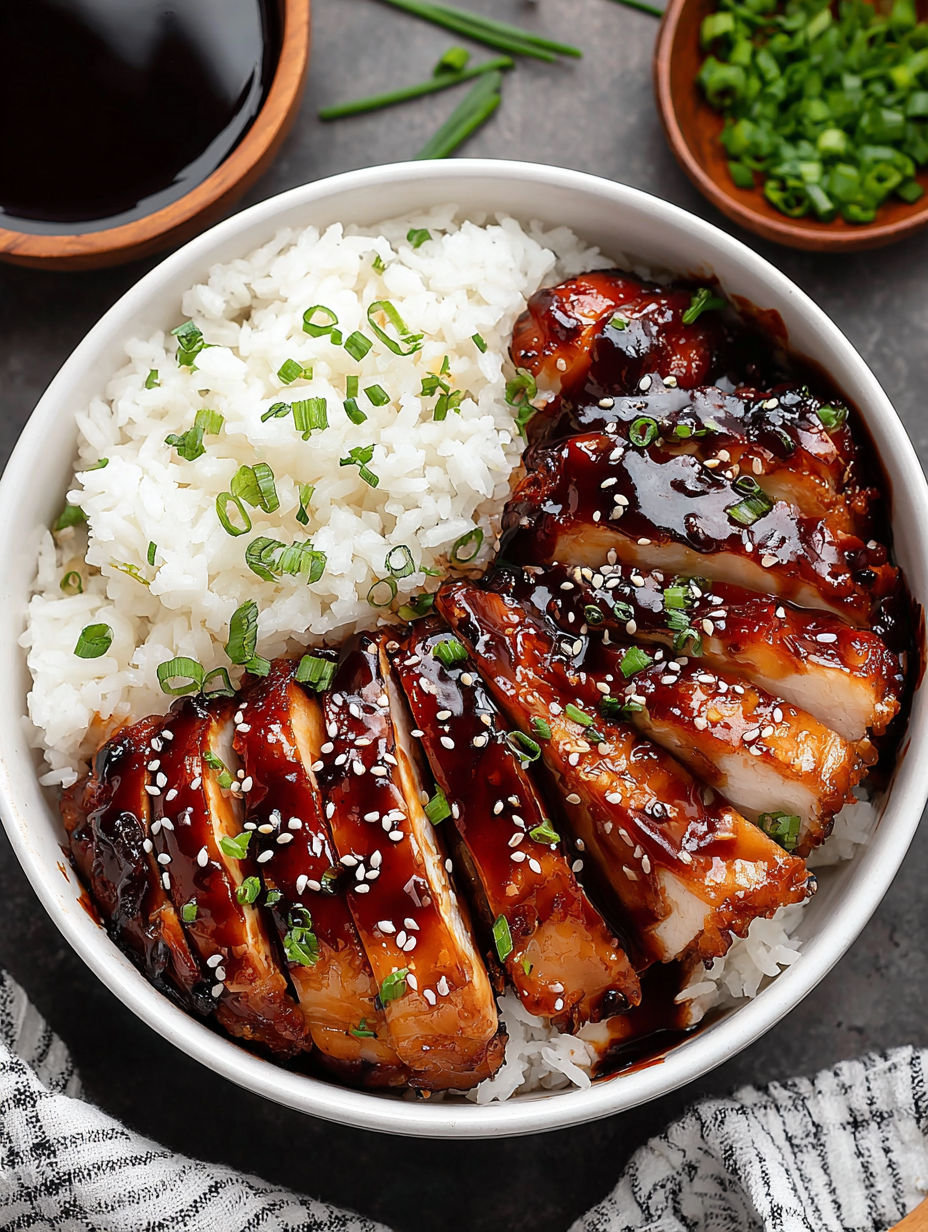 A bowl of rice and meat with sauce.
