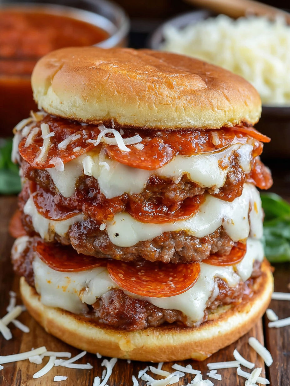 A large hamburger with pepperoni and cheese.