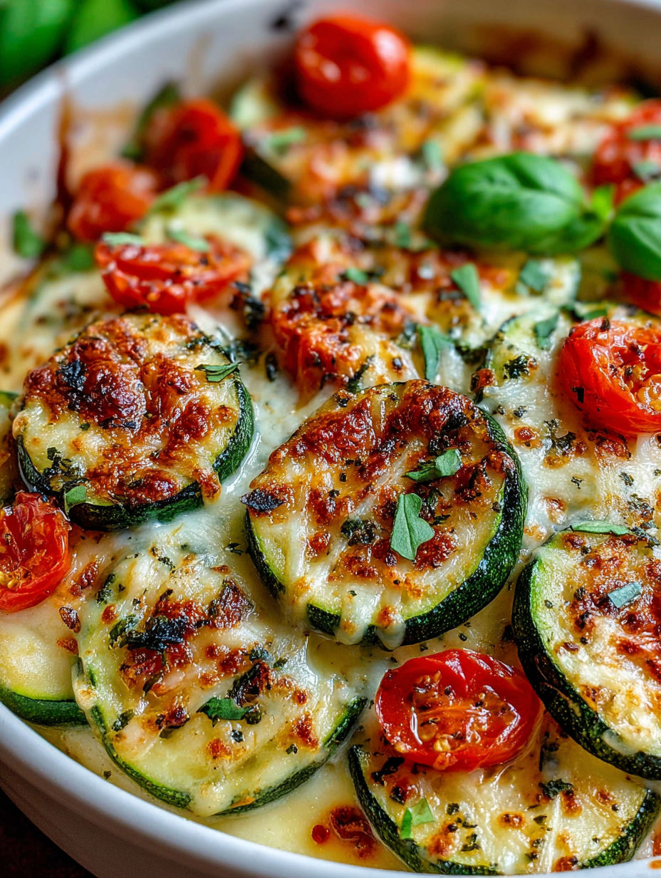 A dish of food with tomatoes and zucchini.