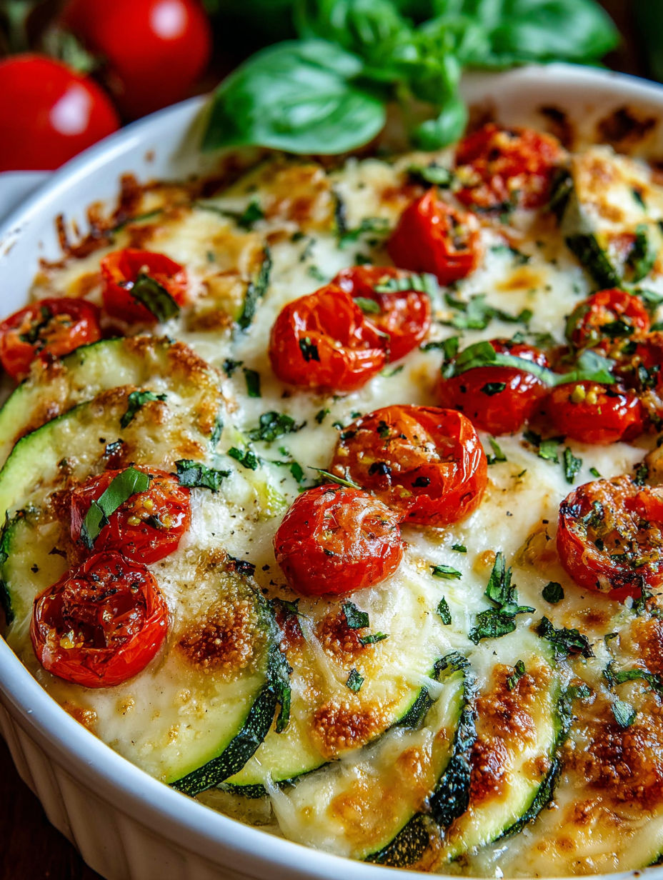 A dish with tomatoes, zucchini, and cheese.