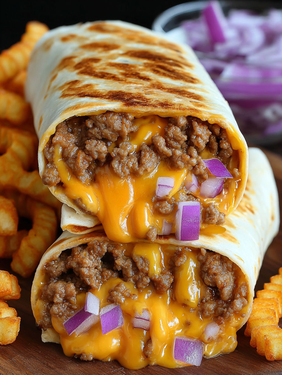 A cheeseburger burrito with onions and cheese.