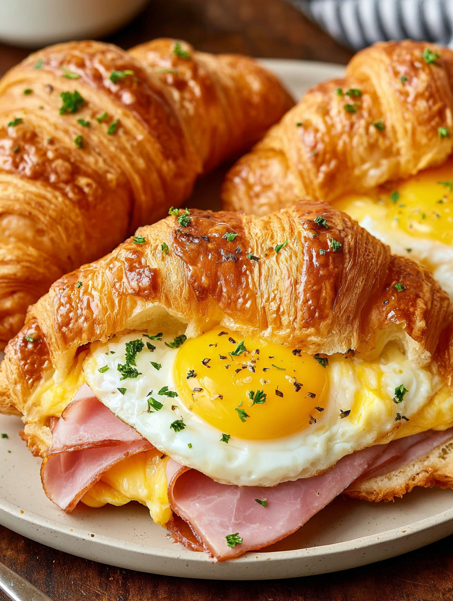 A croissant sandwich with egg and ham.