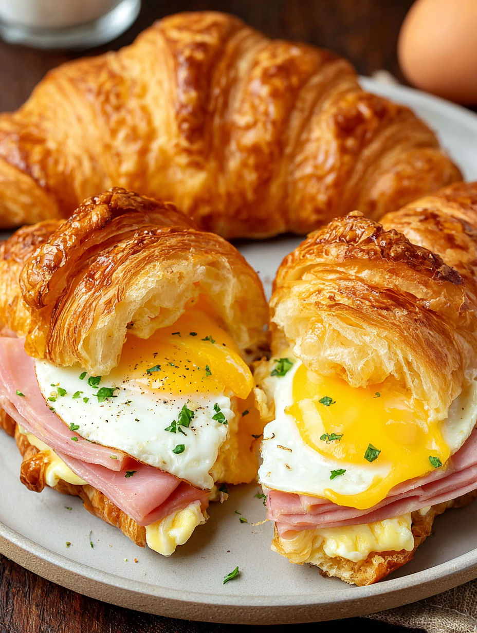 Two croissants with eggs and ham inside.