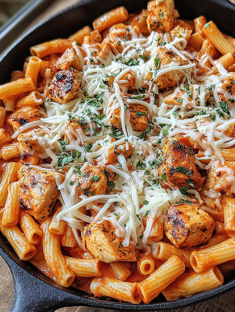 A dish of chicken Parmesan pasta.