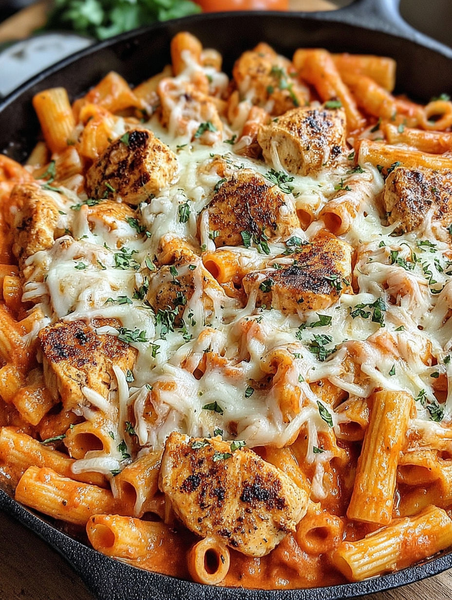 Chicken Parmesan Pasta with a side of bread.