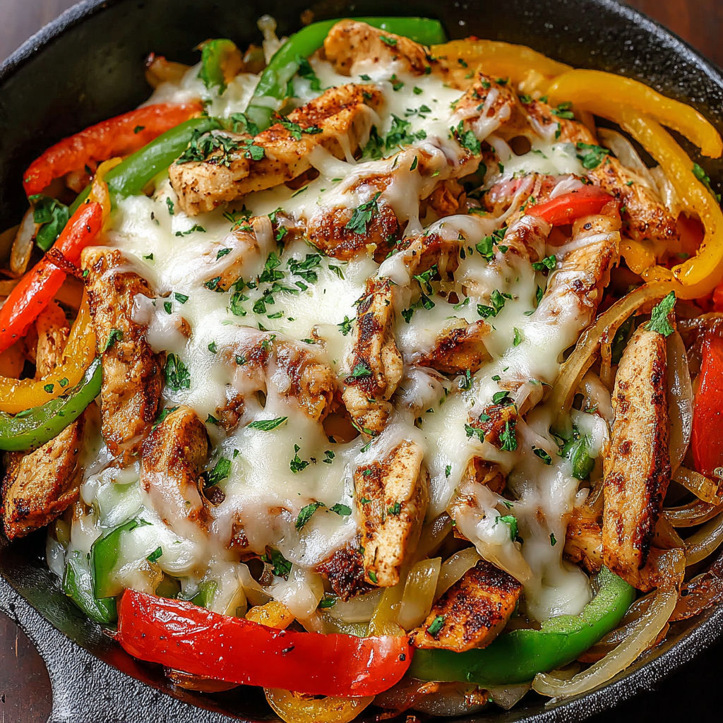 A skillet of chicken cheesesteak with peppers and onions.