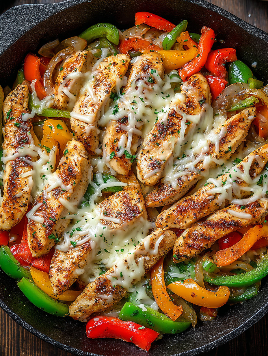A skillet of chicken cheesesteak with peppers and onions.