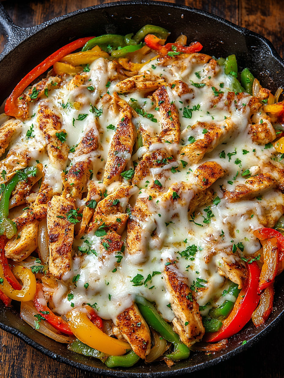 A skillet with chicken, peppers, and cheese.