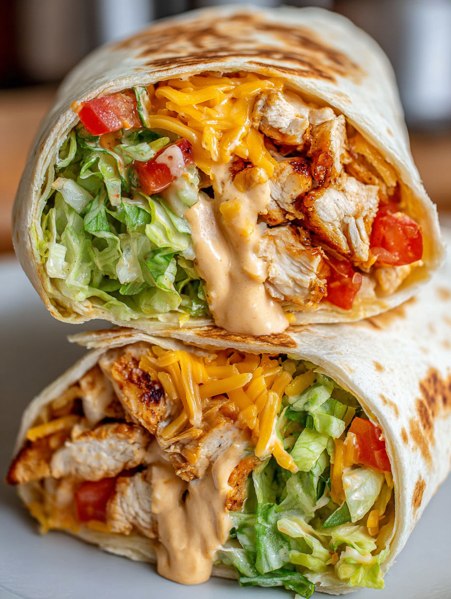 A Chipotle Ranch Chicken Burrito with lettuce and tomatoes.