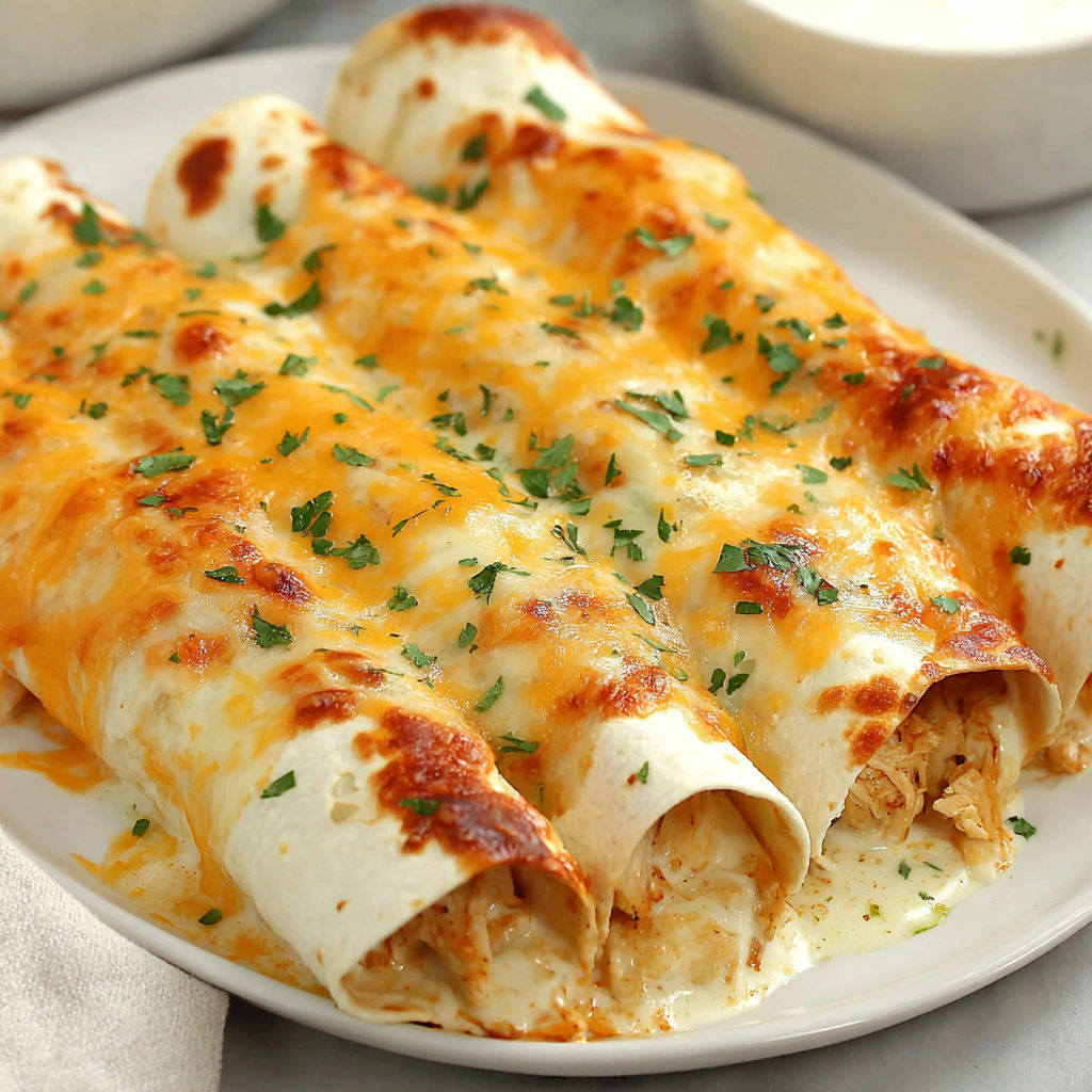 A white plate with two chicken enchiladas on it.