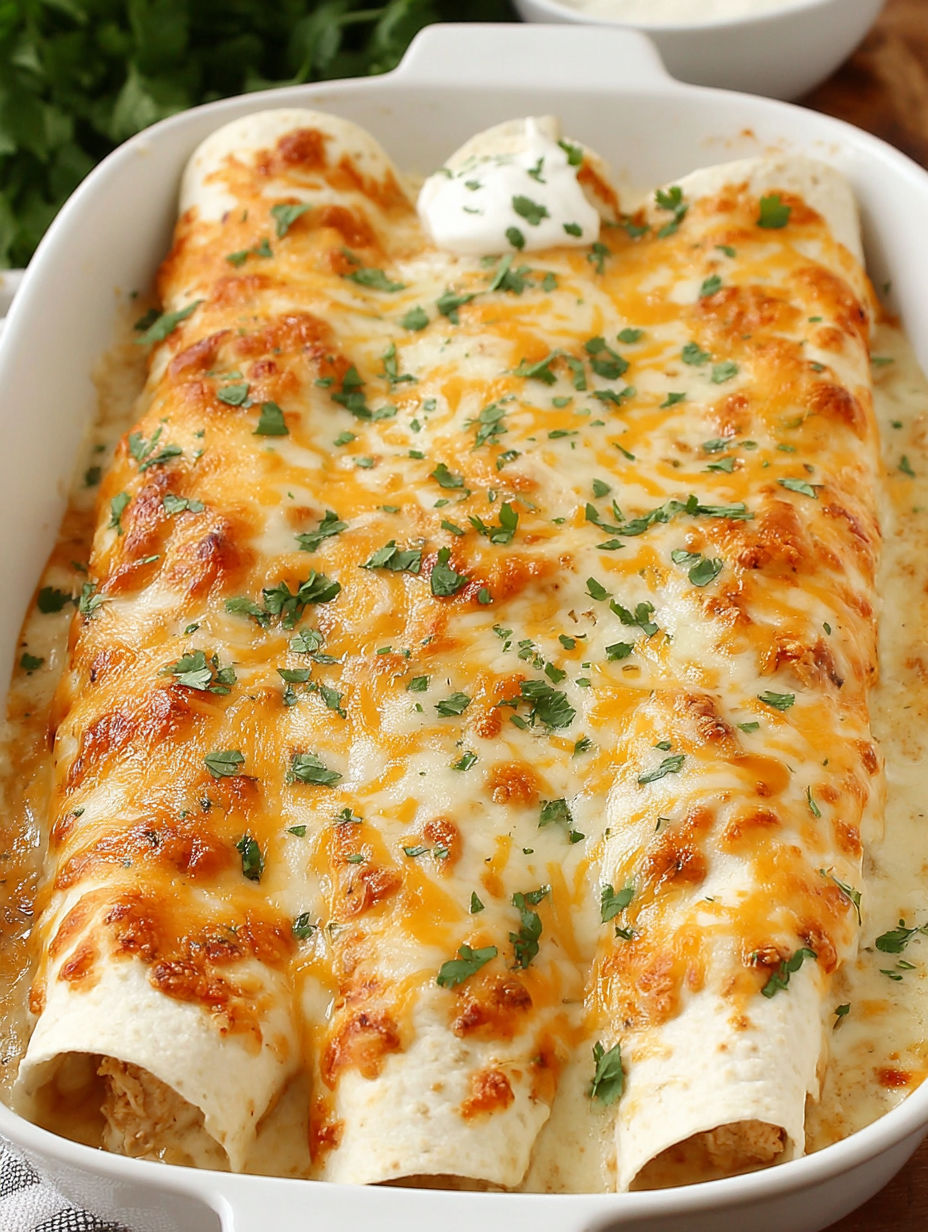 A white chicken enchilada with cheese and green onions.
