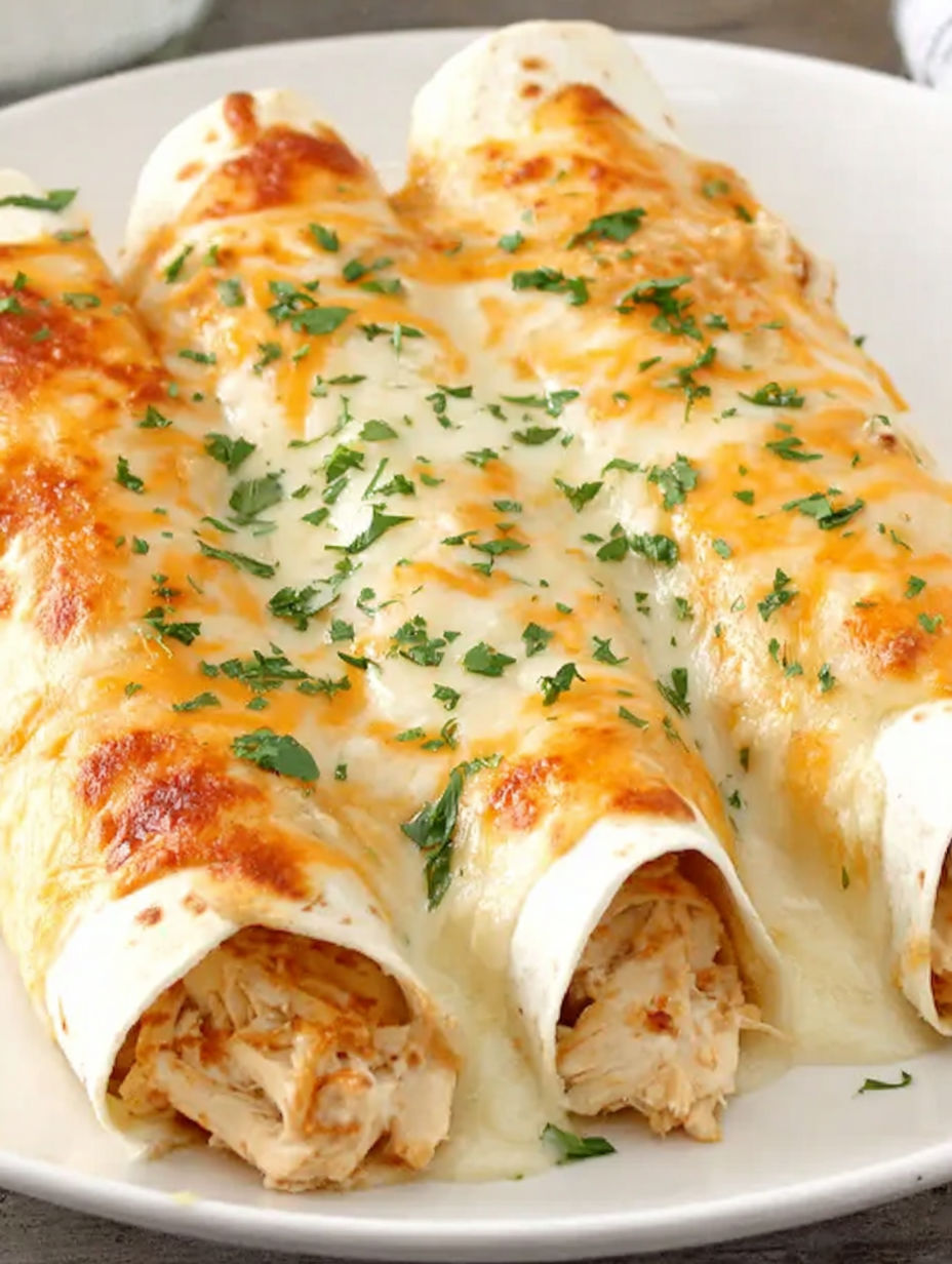 Two white chicken enchiladas on a plate.
