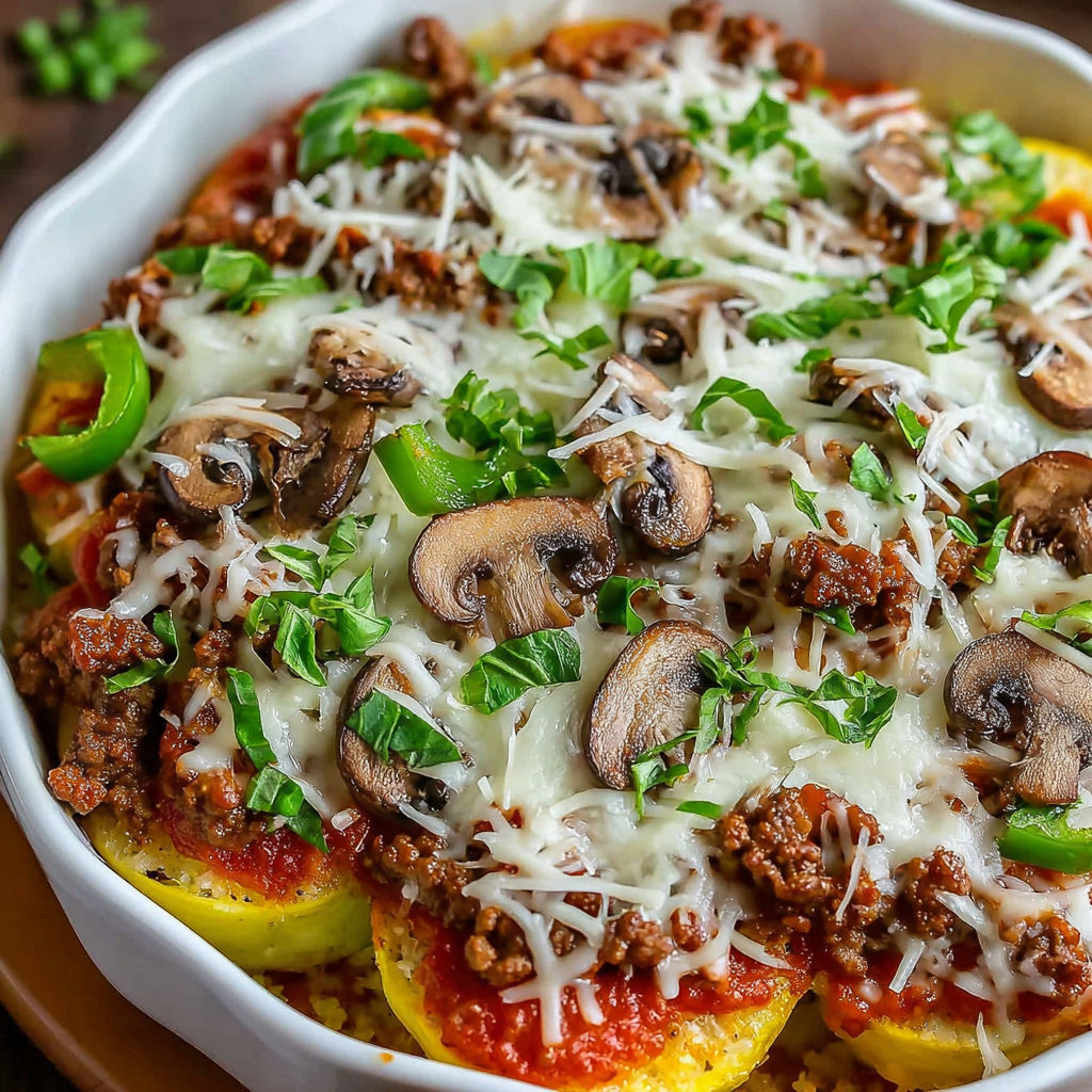 A bowl of food with mushrooms and cheese.