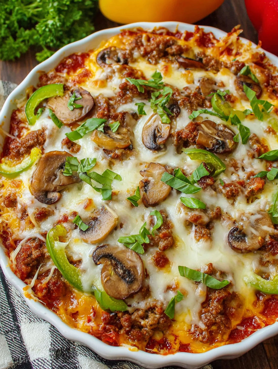 A bowl of low carb pizza with mushrooms and meat.