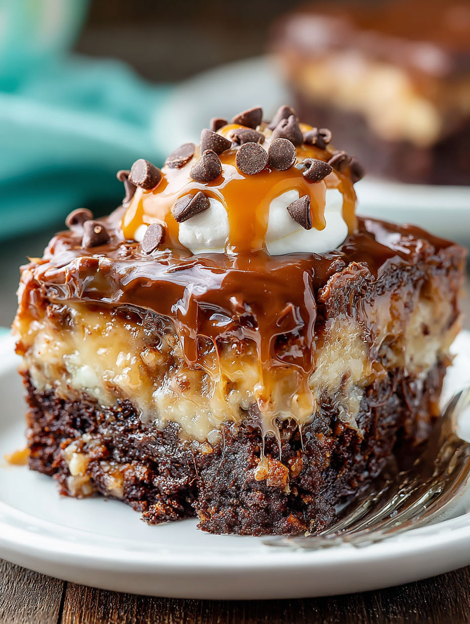 A slice of German Chocolate Poke Cake with caramel drizzle.