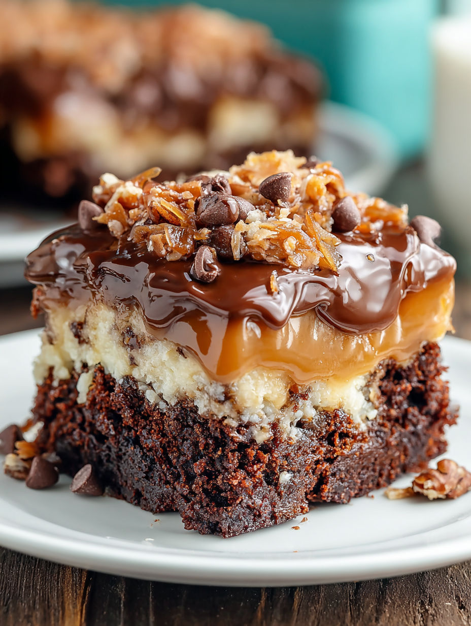 A slice of German chocolate poke cake.