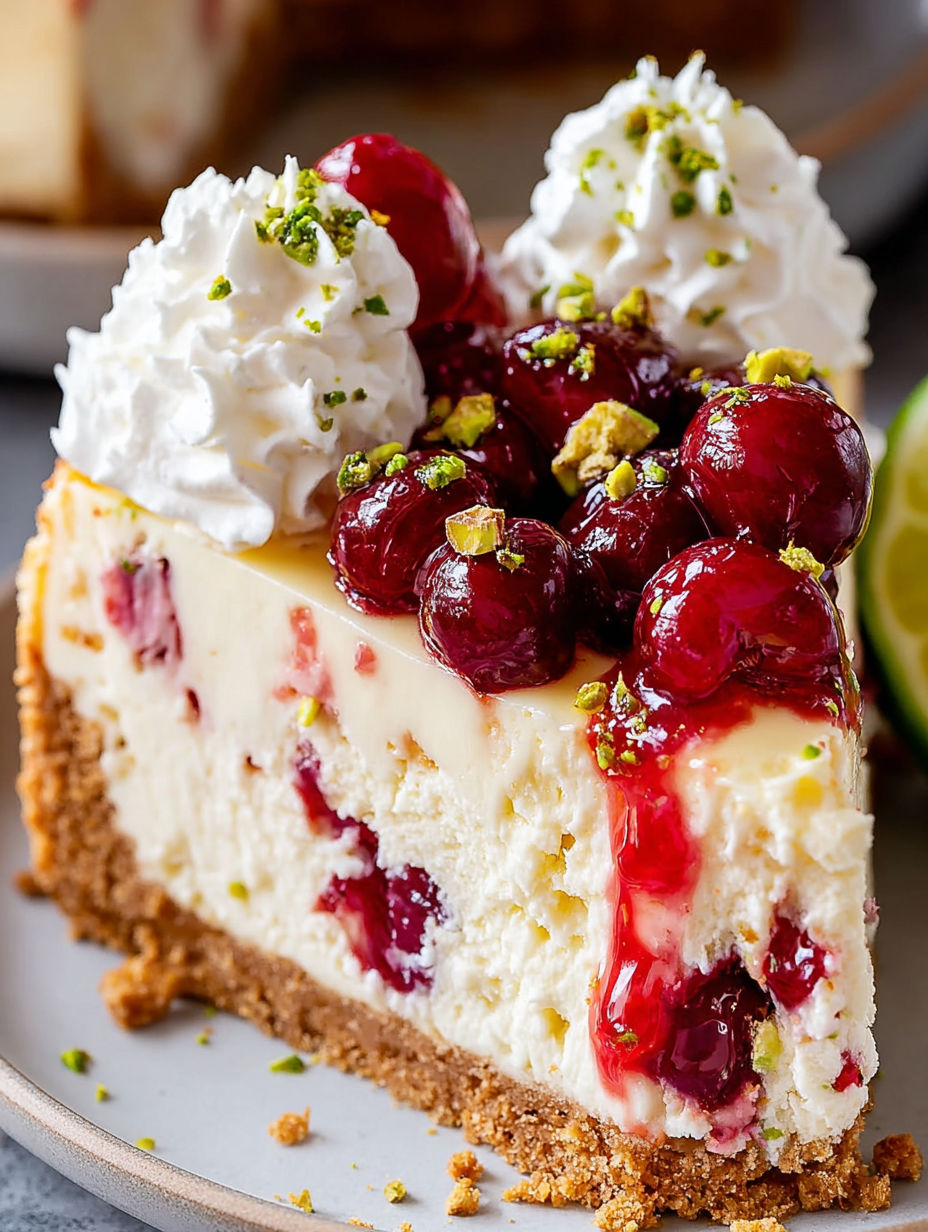 A slice of cake with cherries and whipped cream.