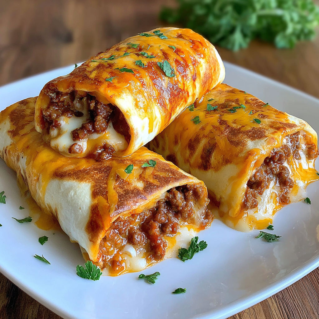 Two loaded cheesy pocket tacos on a plate.