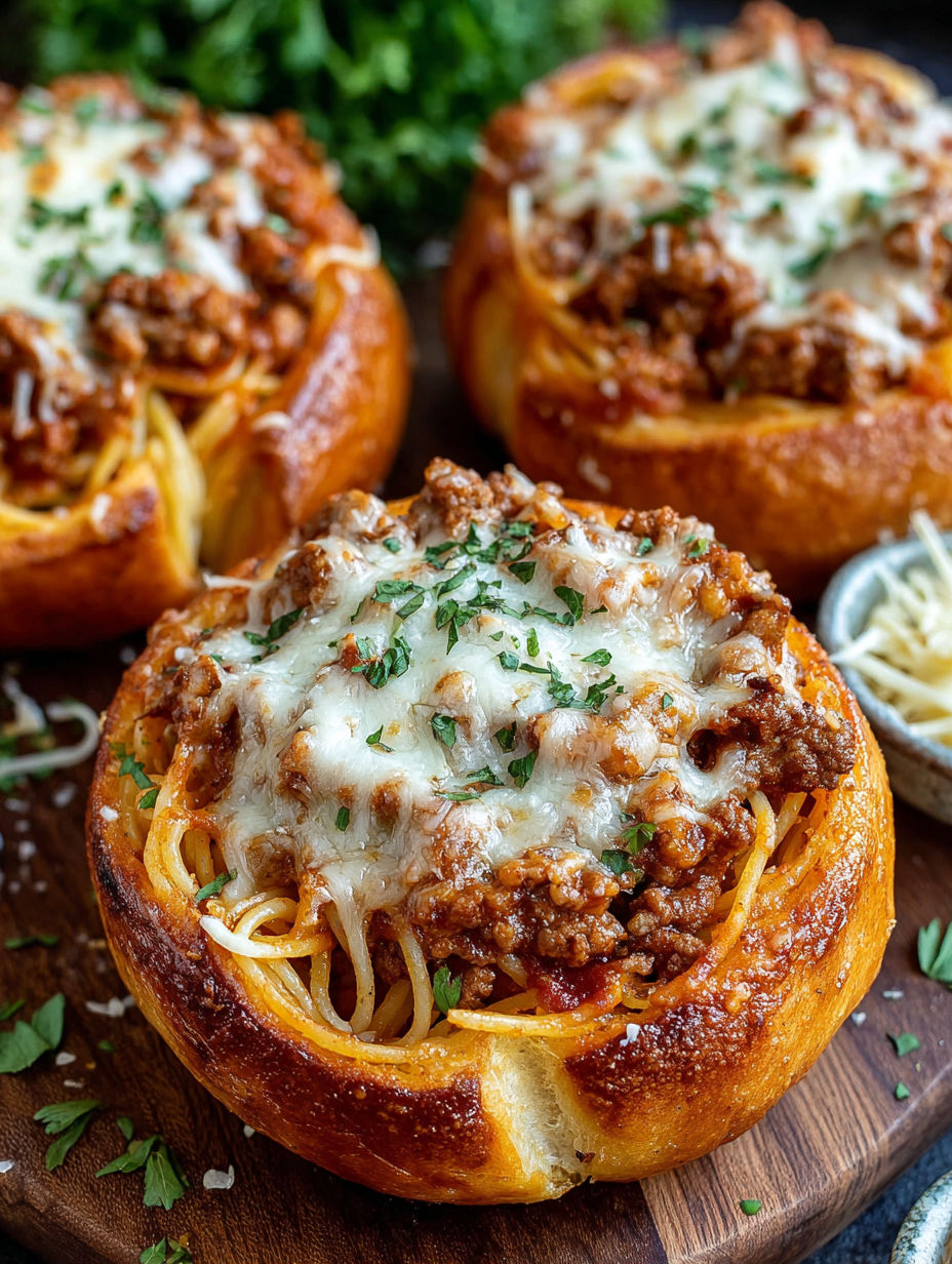 A close up of a bowl of spaghetti with meat sauce.