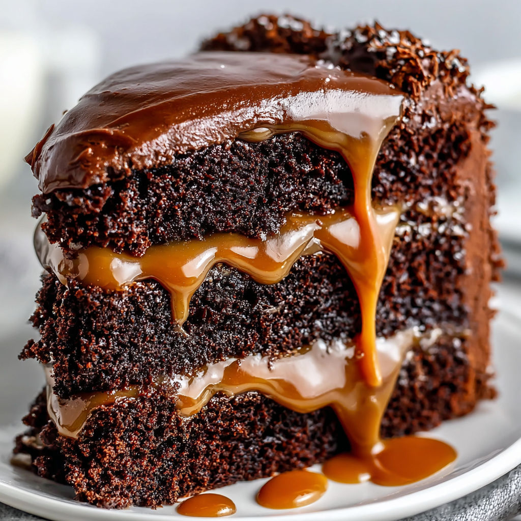 A slice of moist chocolate caramel cake.
