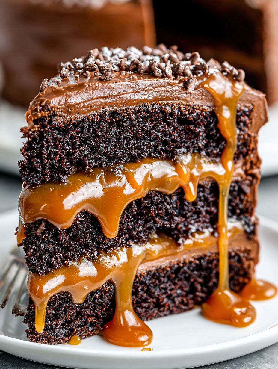 A slice of moist chocolate caramel cake.
