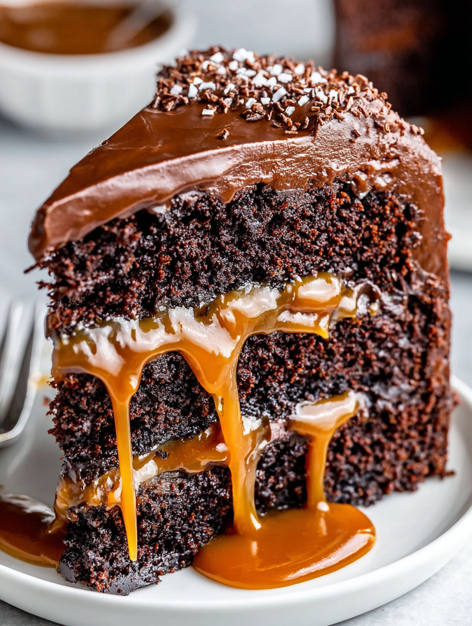 A slice of moist chocolate caramel cake.