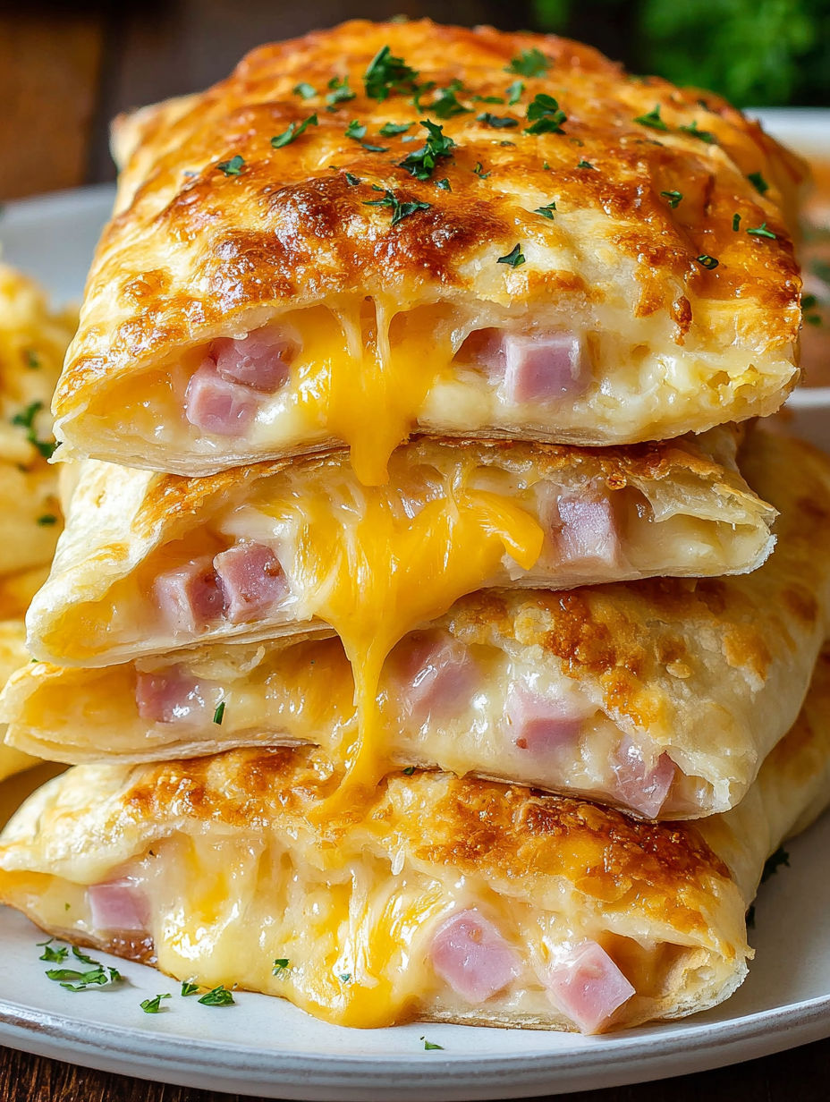 A stack of ham cheese pockets.