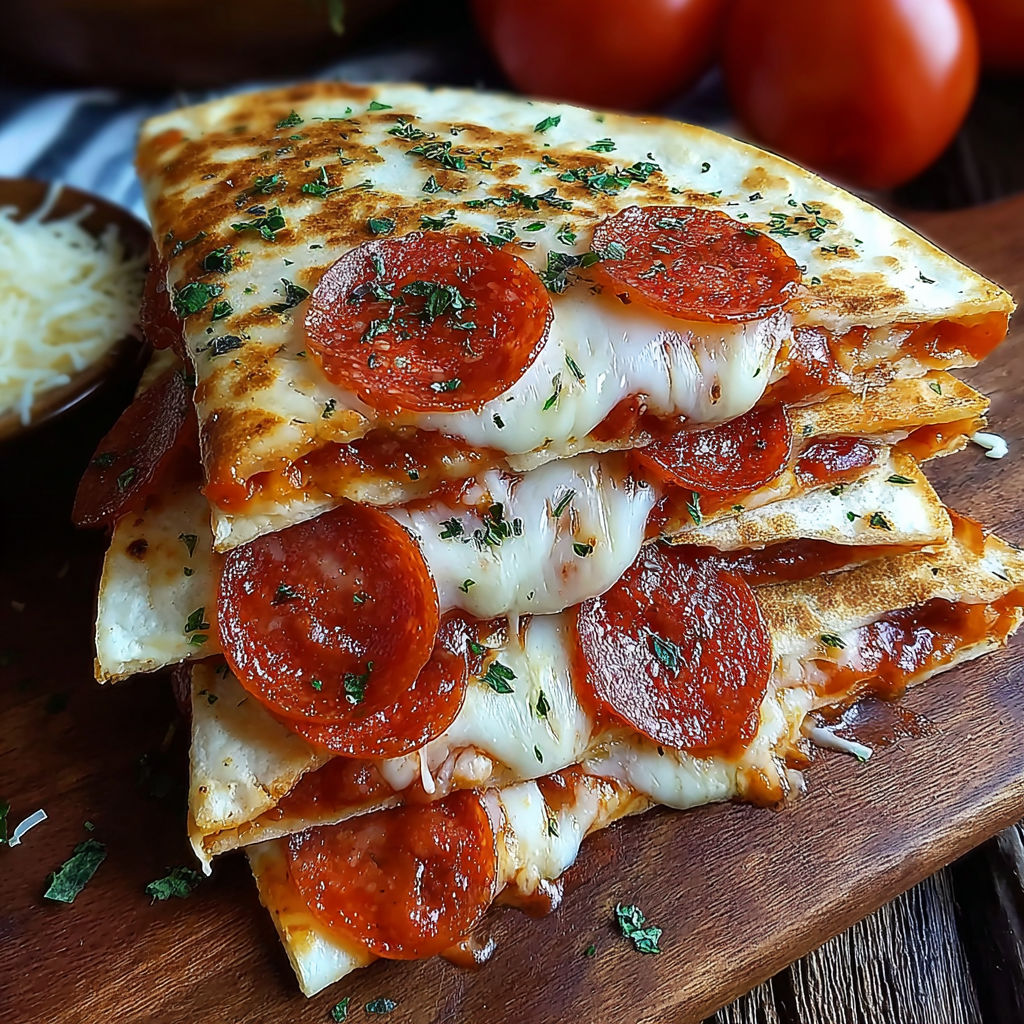 A pepperoni pizza quesadilla fusion is stacked on a wooden board.