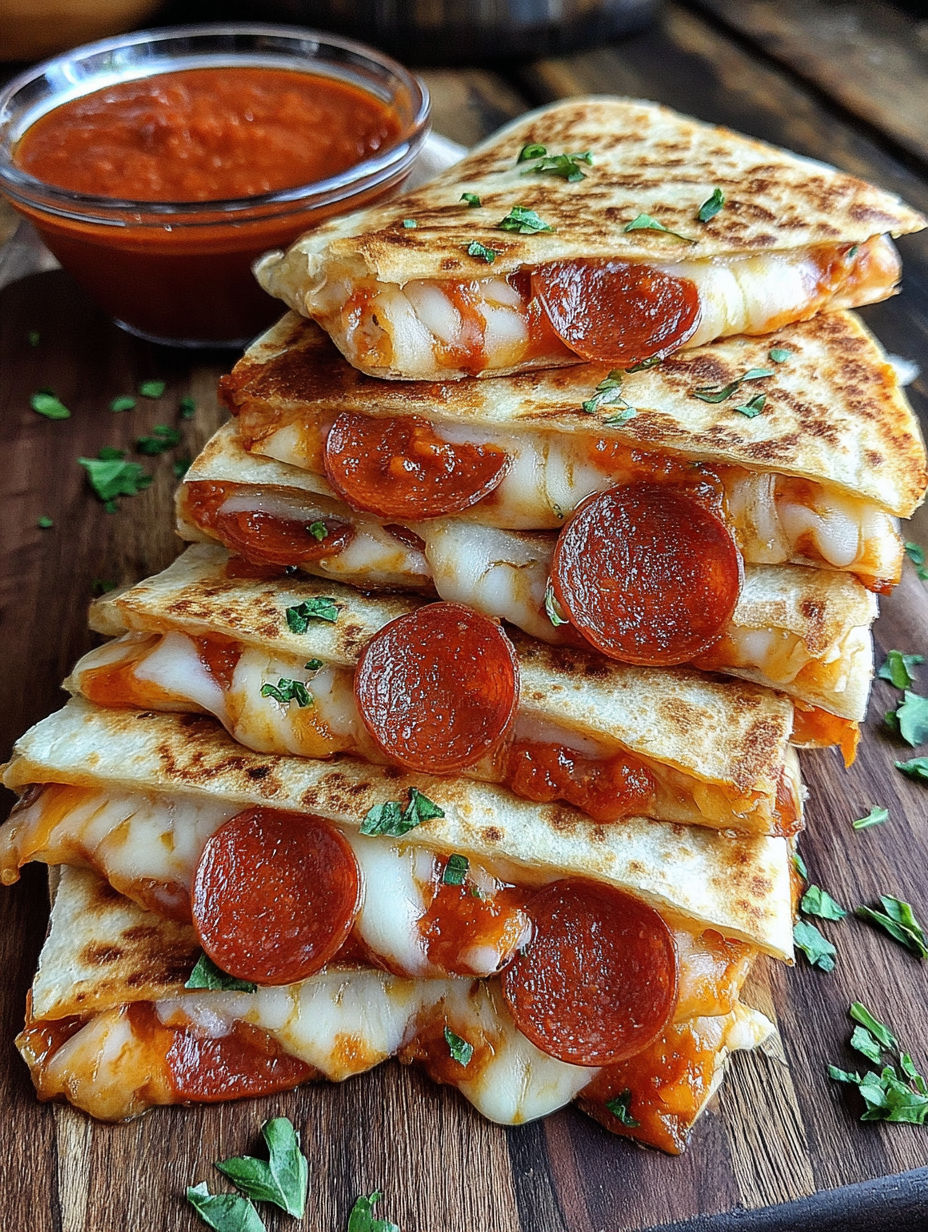 A stack of pepperoni pizza quesadillas.