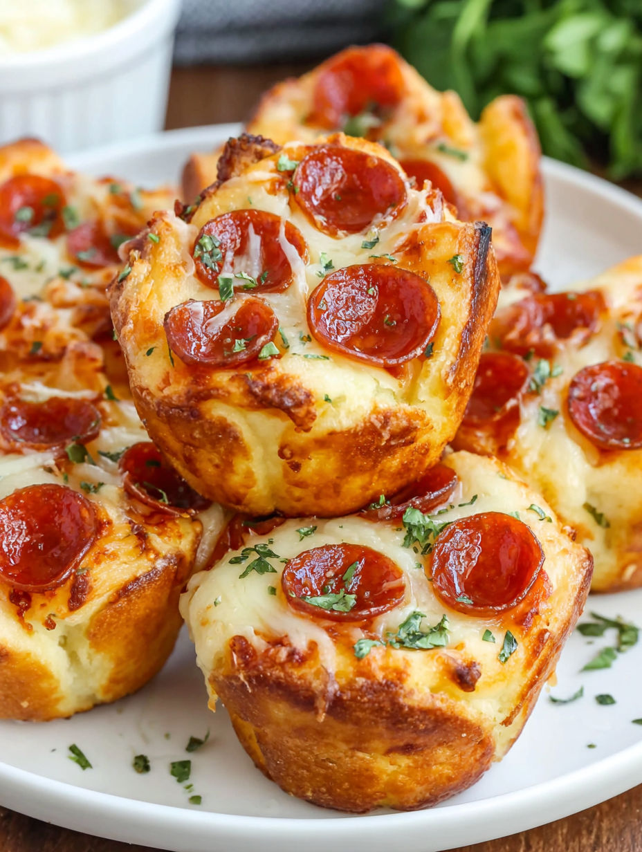 A plate of muffin cupcakes with pepperoni toppings.
