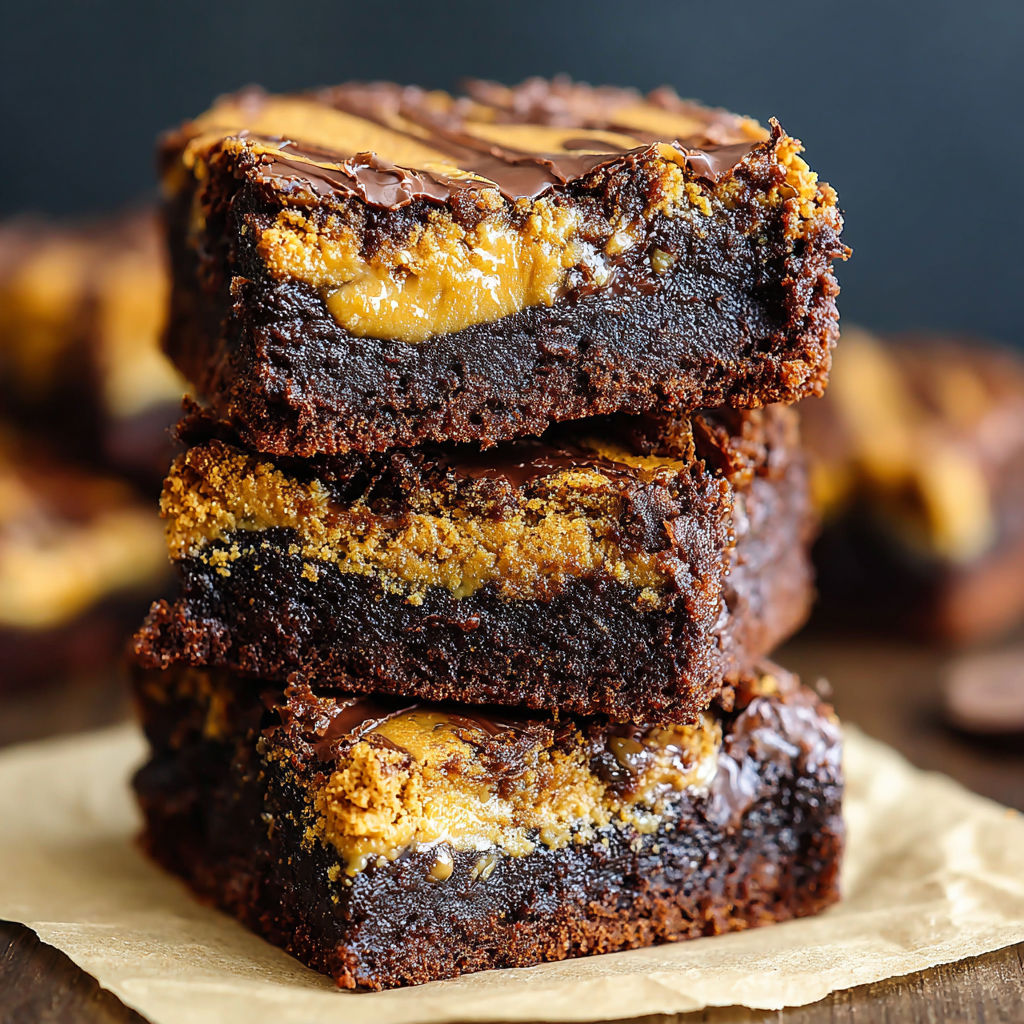 A stack of brownies with a cookie crust.