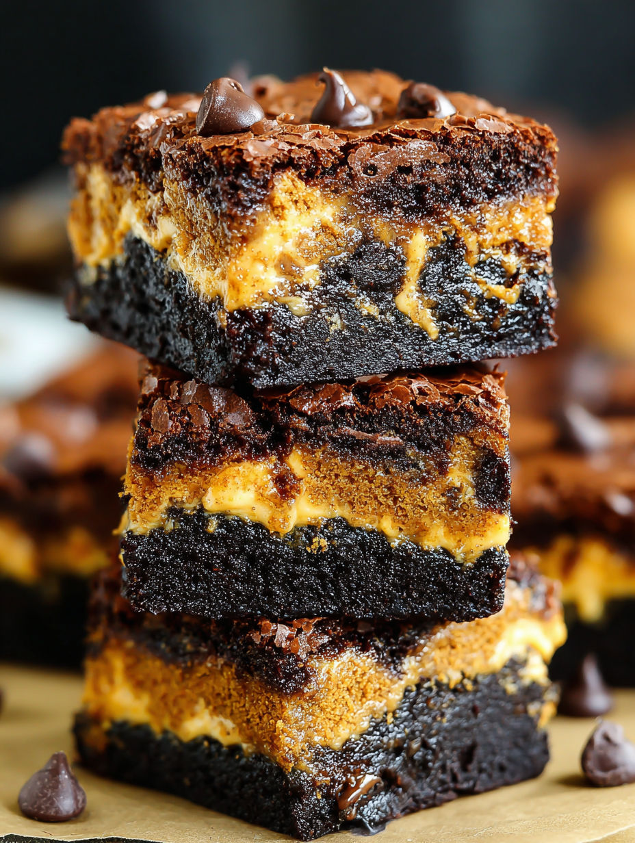 A stack of brownies with a cookie crust.