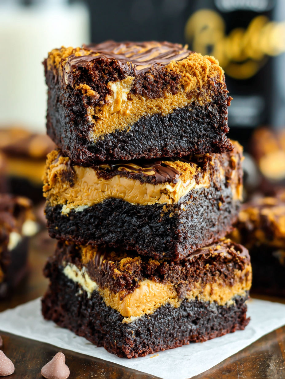 A stack of three brownies with a cookie crust.