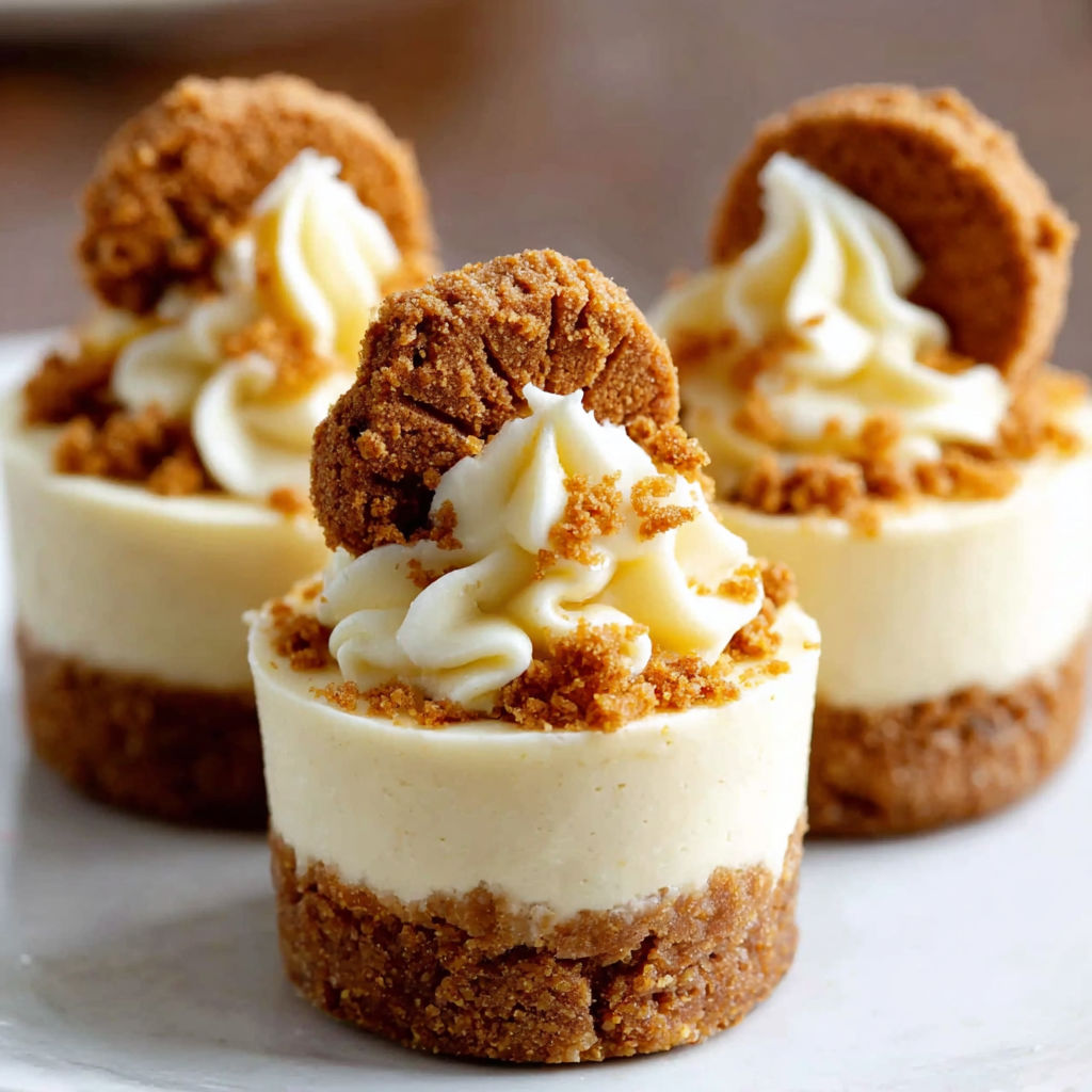 Three mini biscoff cheesecake cups with white whipped cream.